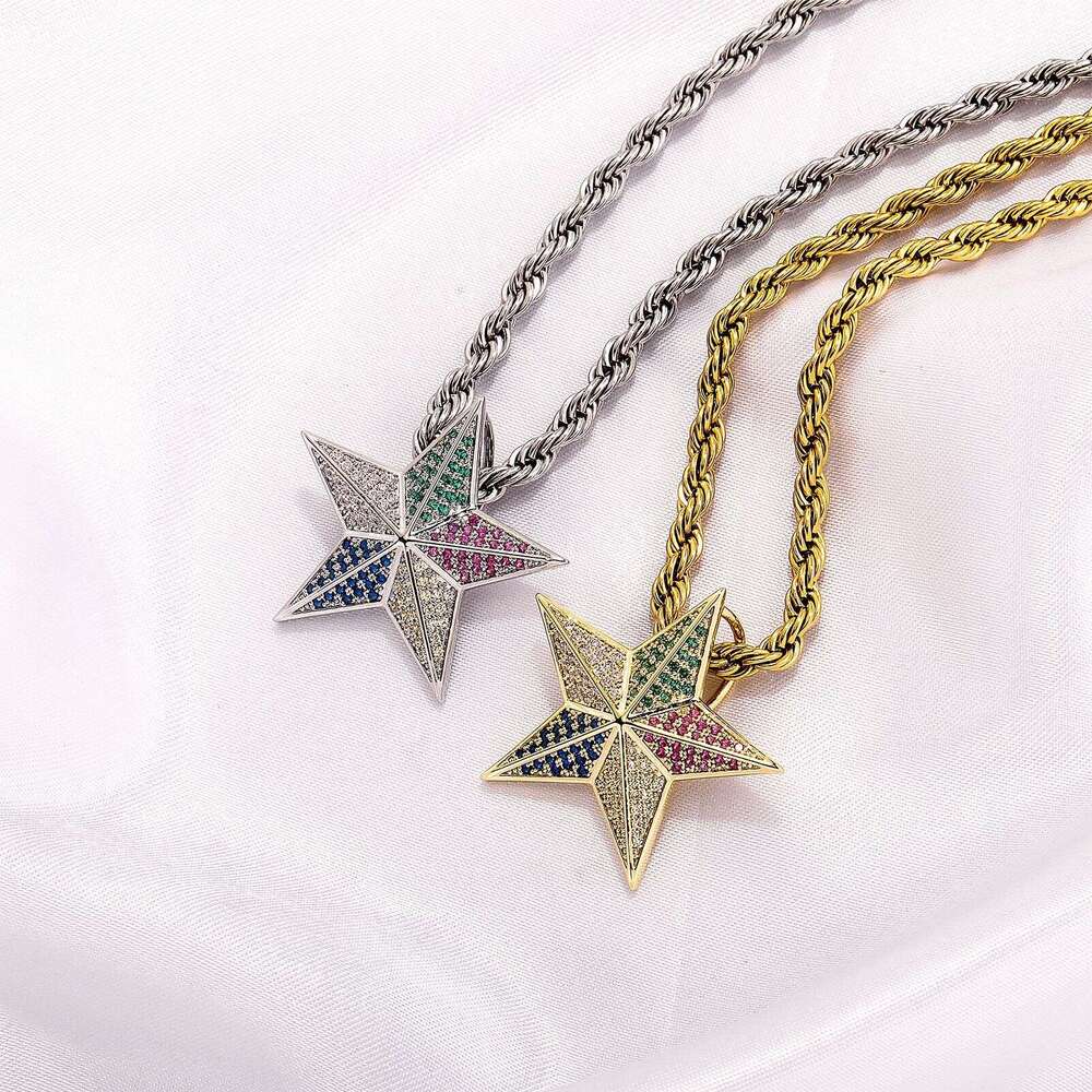 Jin Ao New Men's Hip-Hop Necklace Full Dia Colorful Pentagram Pendant Brooch Copper Inlaid Zircon Trendy Accessories