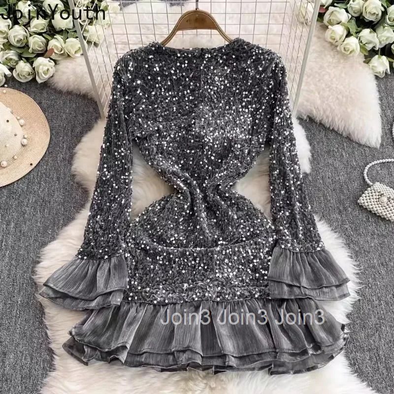 Party Sexy Woman Dress 2025 Vestidos De Mujer Slim Waist Tunic Temperment Robe Femme Heavy Sequin Ruffles Bodycon Mini Dresses