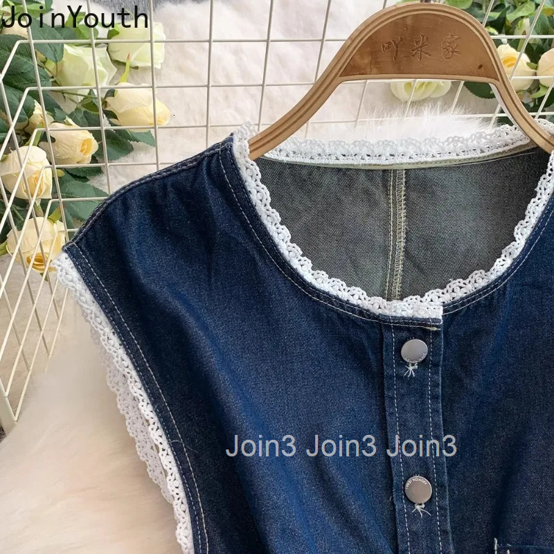 Pants Suit Chic 2 Piece Set Sleeveless Slim Waist Vest Coat High Waist Straight Wide Leg Pants Sets Patchwork Lace Denim Outfits