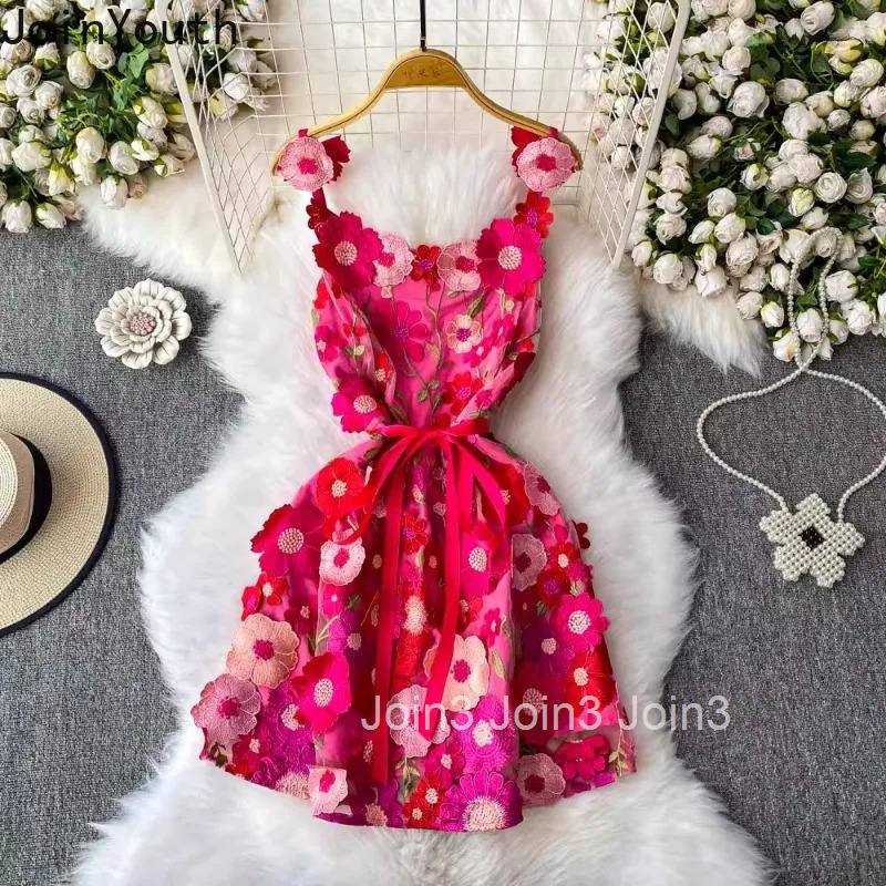 Temperament Robe Femme Sweet Summer Dress Women Clothes 2025 Vestidos De Mujer 3D Floral Sleeveless Tunic Bodycon Mini Drresses