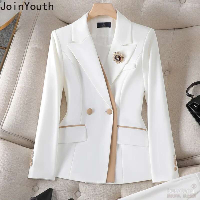 Temperament Korean Suit Fashion Pant Outfits Two Piece Sets Long Sleeve Tunic Coat High Waist Straight Pants Set Roupas Femme