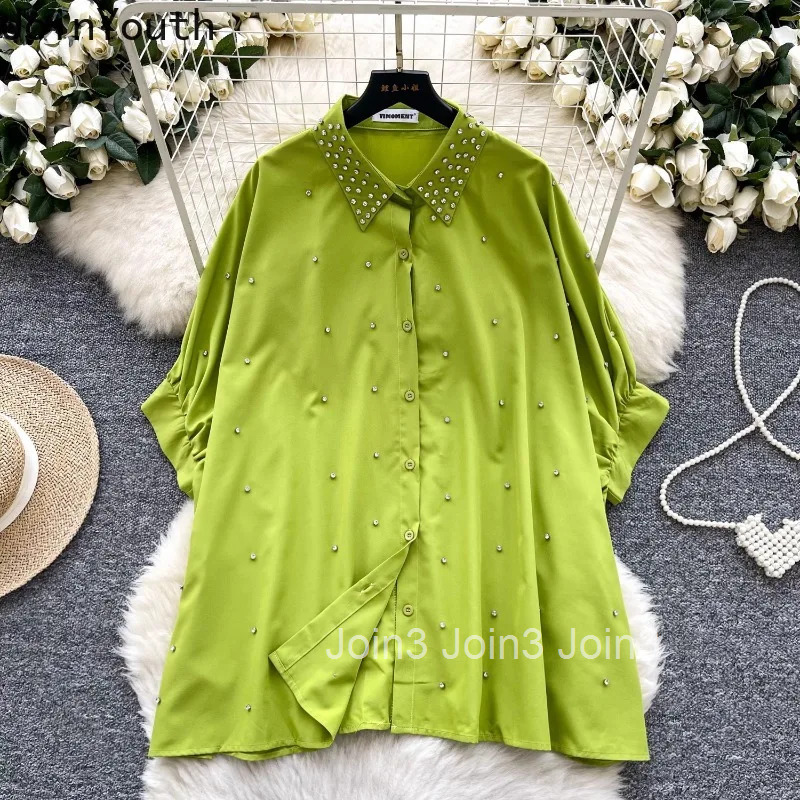 Loose Blouses Womens Clothing Short Sleeve Heavy Diamond Shirts 2025 Blusas Mujer De Moda Vintage Summer Korean Blouse Tops