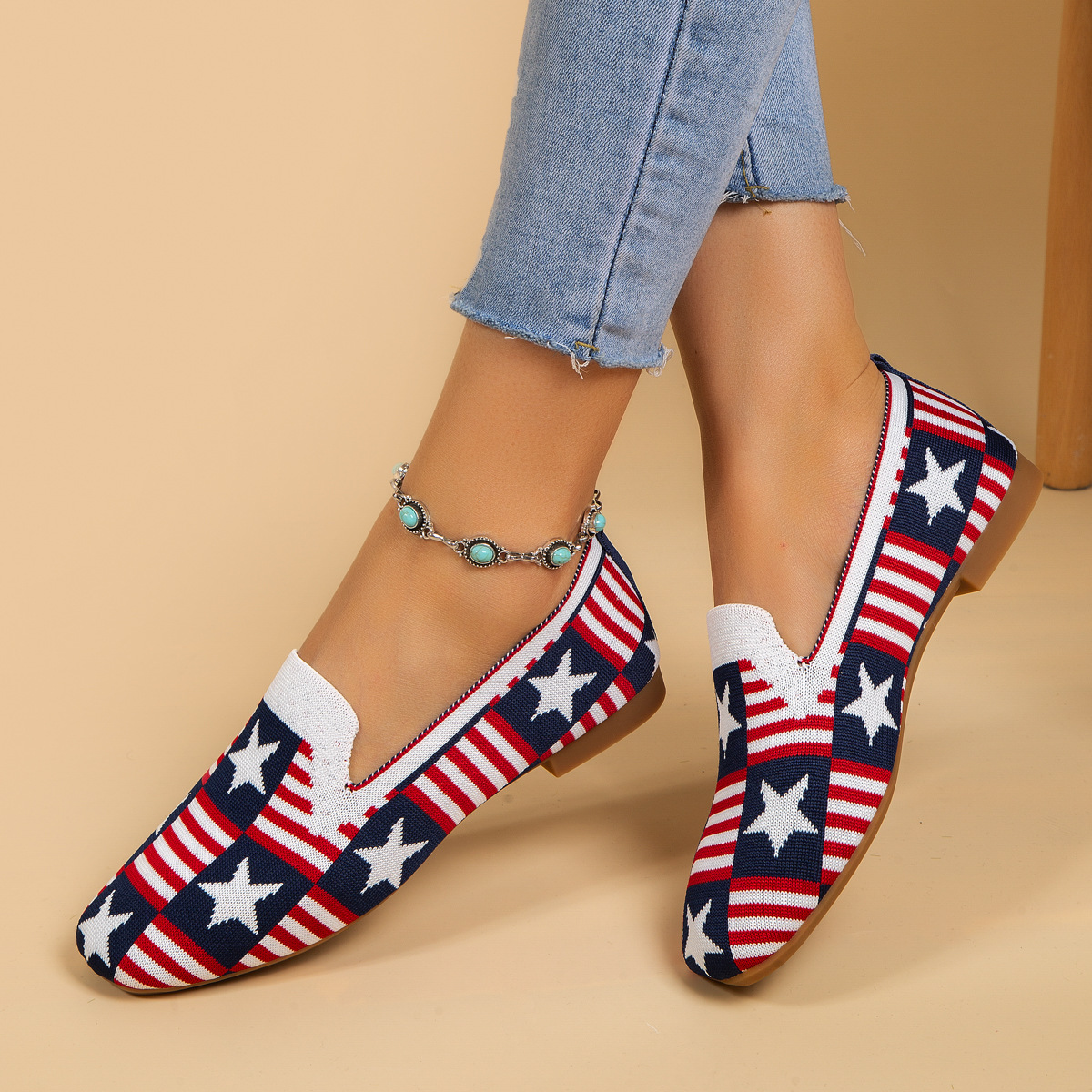 Luxury Brand Designer Shoes Sandals Foreign Trade Cross-Border Plus Size Women's Shoes Striped Star Wish Amazon New Slip-On Casual Women's S
