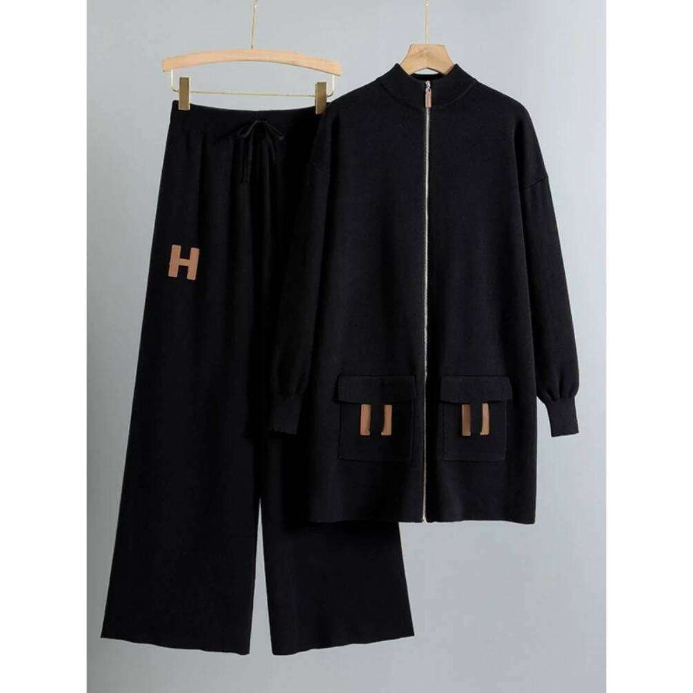 Designer Leisure High Quality European and American style suit zipper loose knit sweater long top+drawstring wide leg pants casual temperament 2piece 