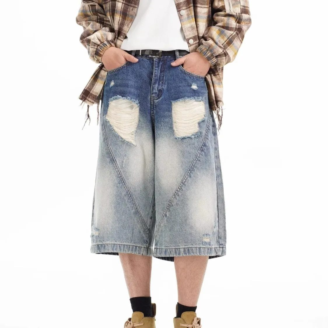 DM Mens Ripped Denim Shorts Vintage Knee Length Jean Shorts Streetwear Korean Oversize Cowboy Short Pants 250618