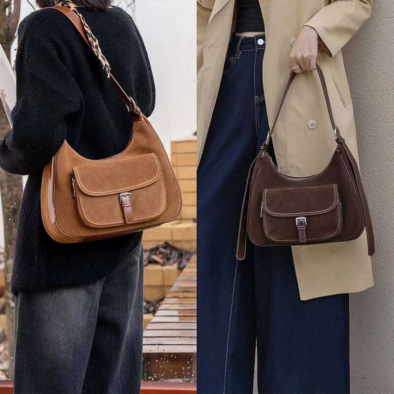 Donna-In Natural Suede Handbag Genuine Cow Leather Coffee Shoulder Underarm Bag Winter New Style Large Capacity Crossbody