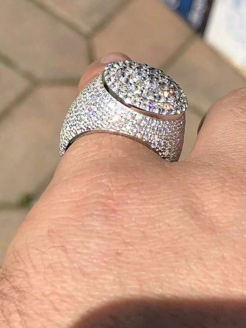 Mens Iced Out Moissanite Round Hip Hop Rapper Pinky Ring Solid 10K White Gold Sizes 7 to 11 PASSES DIAMOND TESTER
