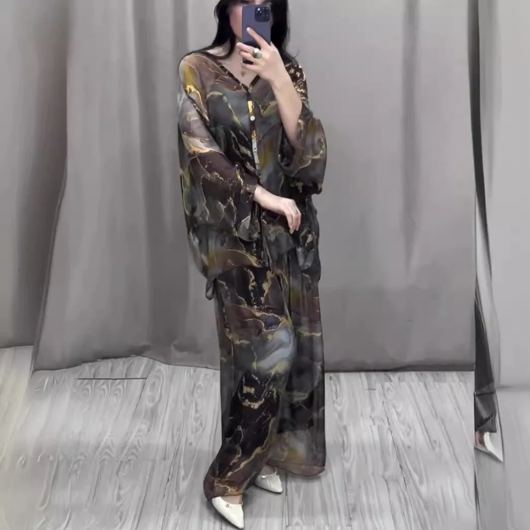 Muslim Two Pieces Print Sets Dubai Abaya Women Buttons Shirts Tops Wide Leg Pants Kaftan Islam Ramadan Morocco Turkish Outfits 250617