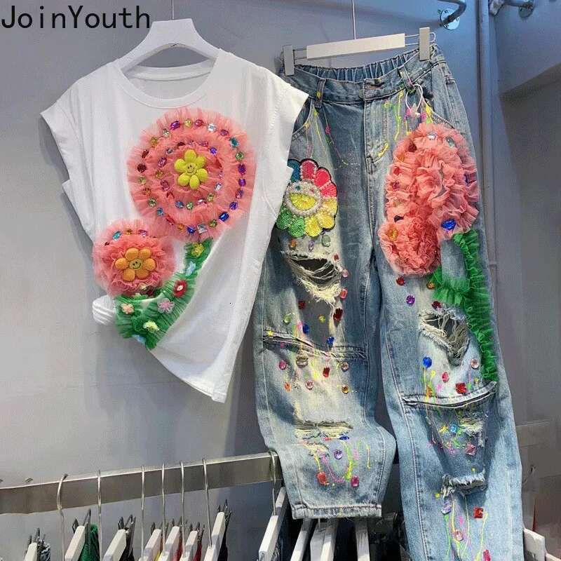 White Woman Tshirts Chic Sweet Summer Tees Short Sleeve O-neck Camisetas Women Clothing Gauze Floral Heavy Beading T-shirt Tops