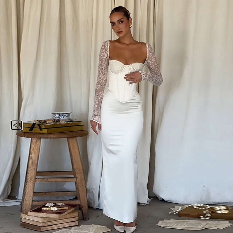 White Skirt Maxi Skirt Fashion Sexy Strapless Lace Long Sleeve Patchwork Waist Cinching Bodycon Dress For Women Long Skirt