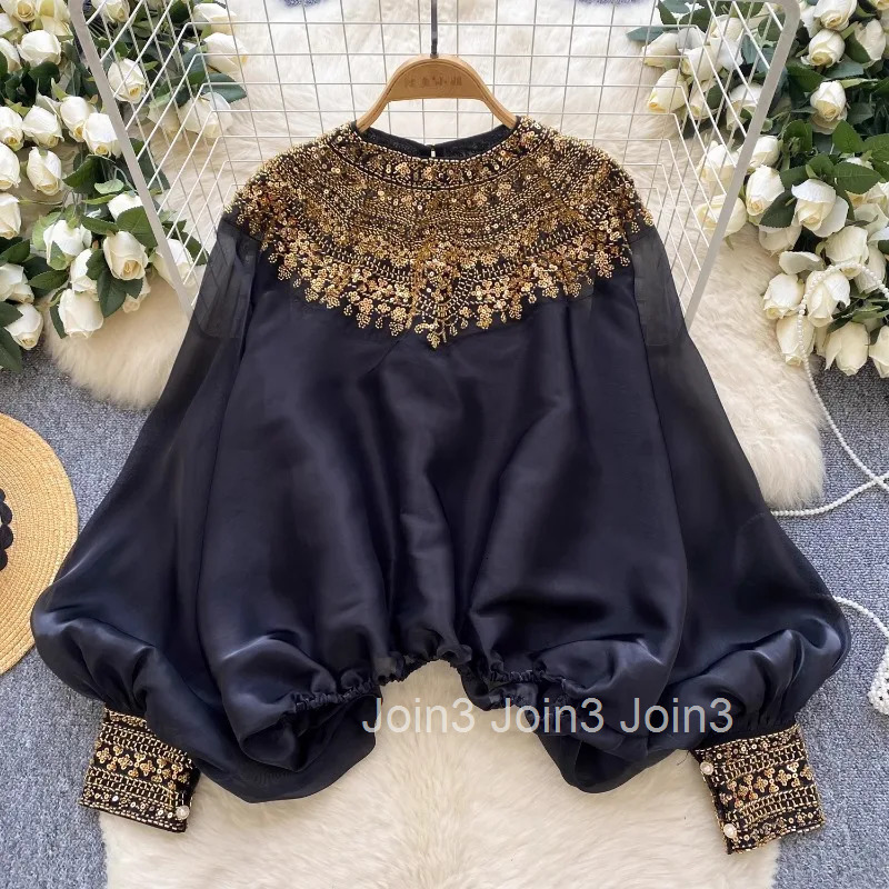 Camises De Mujer Heavy Beading Blouses for Women Lantern Sleeve Loose Shirts Solid Color Vintage Summer Blouse Temperament Tops