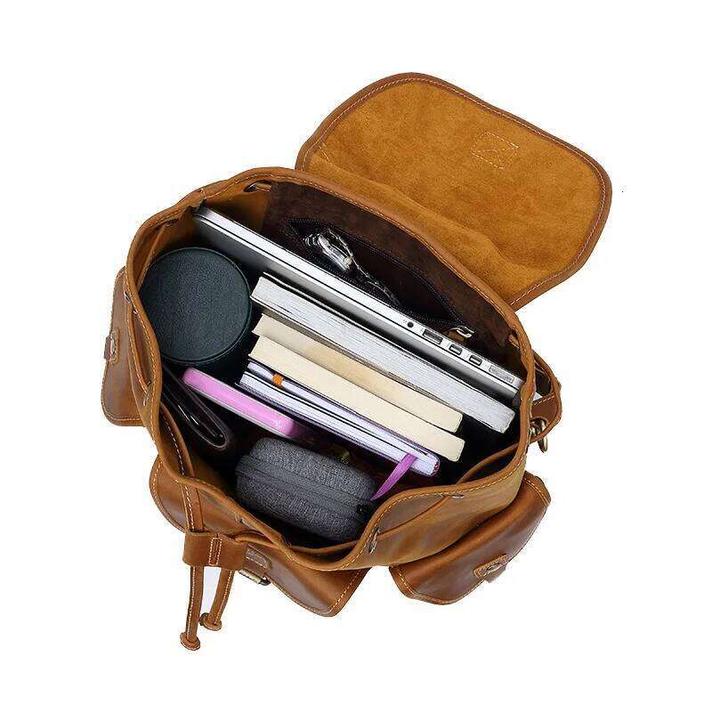 Men's Vintage Crazy Horse Backpack - Premium Top Grain Genuine Leather Casual Shoulder Bag, Large Capacity Retro Rucksac