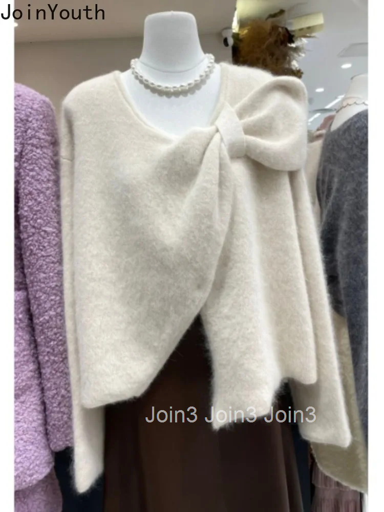 Korean Sweater Fall Winter Clothing Temperament Jumper Bow Thicked Sueter Mujer Vintage Warm Solid Color Pullovers Pull Femme