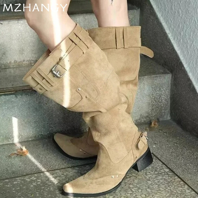 High Heels Women High Boots Chunky Shoes Knee High Pointed Toe Summer Chelsea Boots Pumps Goth Mujer De Zapatillas 250617