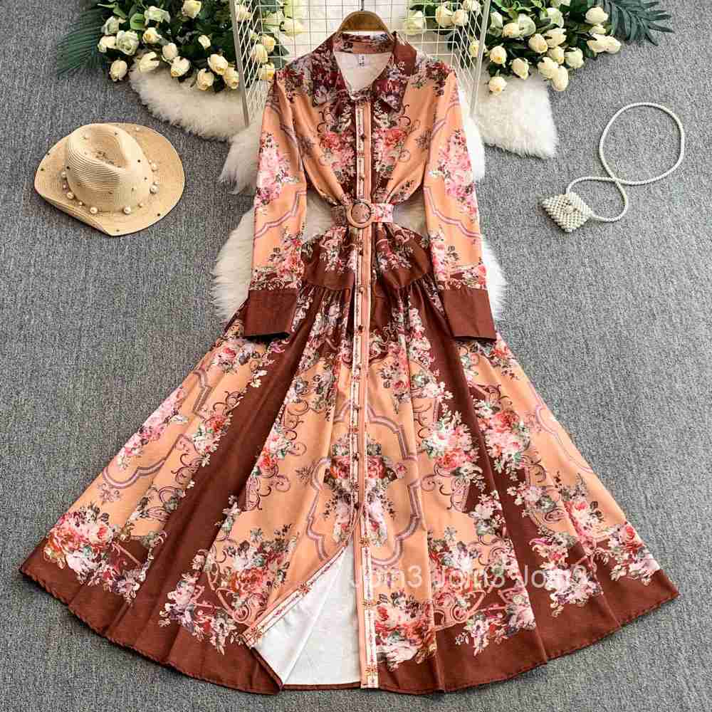 Maxi Dresses Women Clothing 2025 Vestidos De Mujer Single Breasted Floral Big Swing Robe Femme High Waist Vintage Summer Dress
