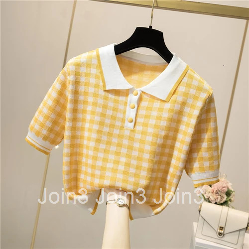 2025 Ropa Mujer Summer Woman Tshirts Short Sleeve Turndown Collar Tees Fashion Plaid Knitted T Shirt Vintage Casual T-shirt