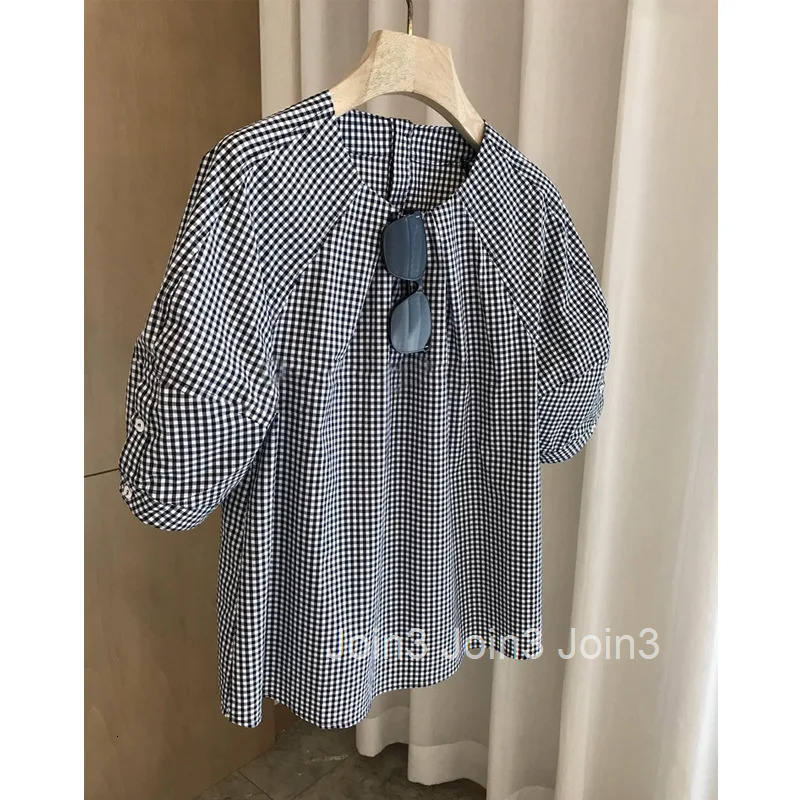Vintage Camisas De Mujer O-neck Puff Sleeve Blouses Women Clothing Fashion Plaid Shirts Loose Casual Korean Summer Blouse Tops