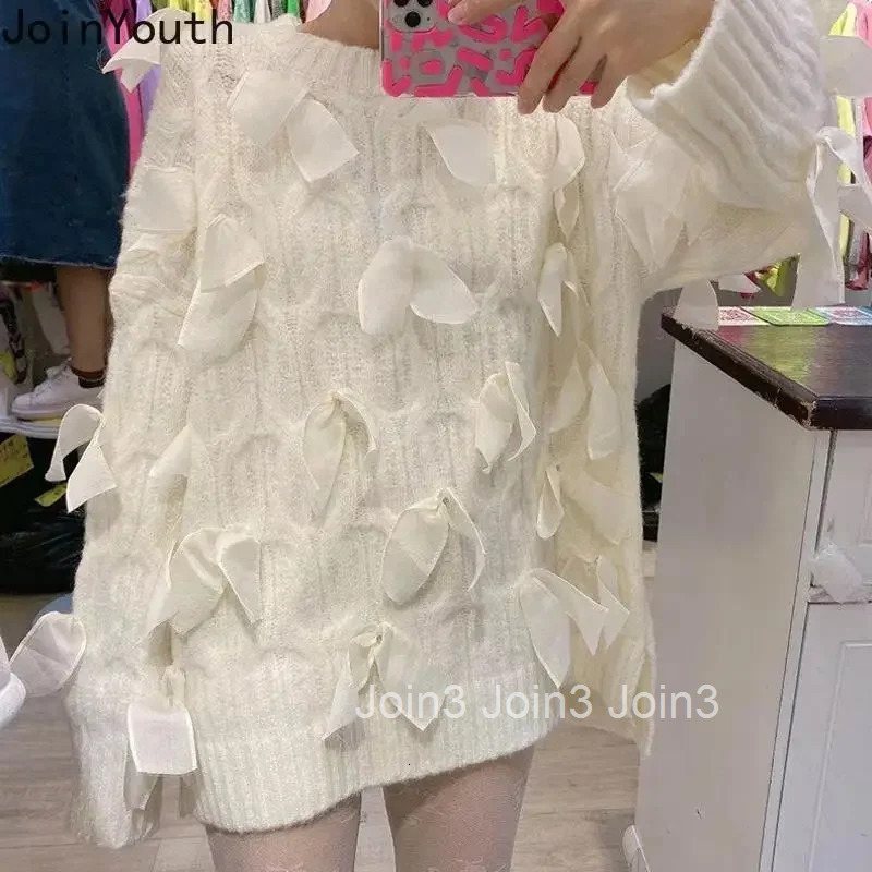 2025 Women Clothing Knitting Pullvoers 3D Bow Korean Juper Pull Femme Casual Fashion Oversized Sweater Tops Knit Sueter Mujer