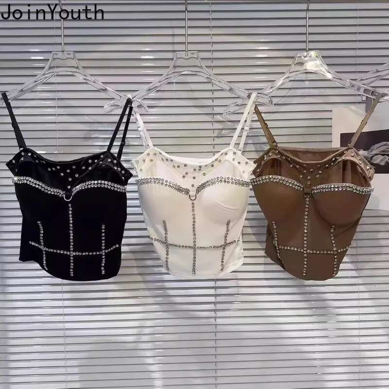 Sexy Sling Vest Crop Tops Womens Clothing 2025 Heavy Diamond Hollow Out Tanks Ropa Mujer Korean Tees Tunic Summer Chic Camis