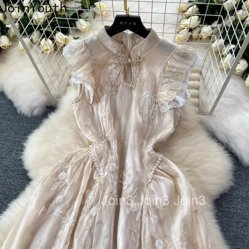 Chinese Style Dress for Women 2024 Vestidos De Mujer Sleeveless Tunic Temperament Robe Femme Beading Embroidery Summer Dresses