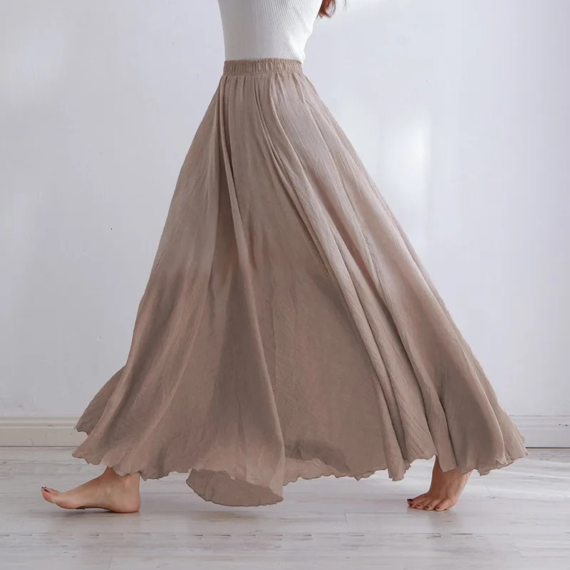 High Quality Cotton Linen Maxi Skirt Womens Casual Elastic High Waist Pleated A-Line Beach Skirts Boho Saia Feminina Faldas Jupe 250619