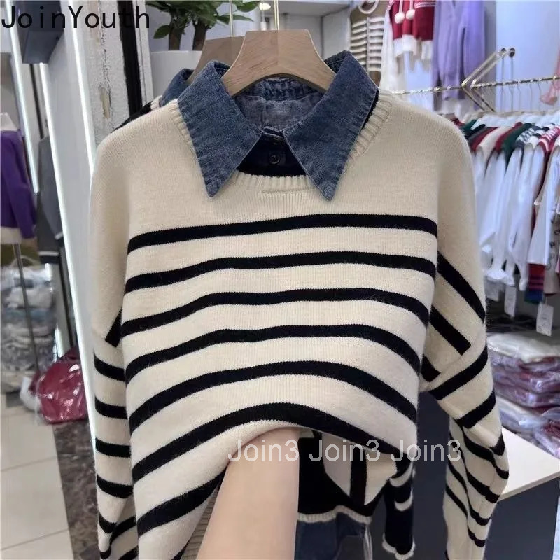 Japanese Patchwork Denim Jumper Fashion Pullovers Women Clothing Sueter Mujer Casual Striped Knitted Sweater Fake Two Y2k Tops