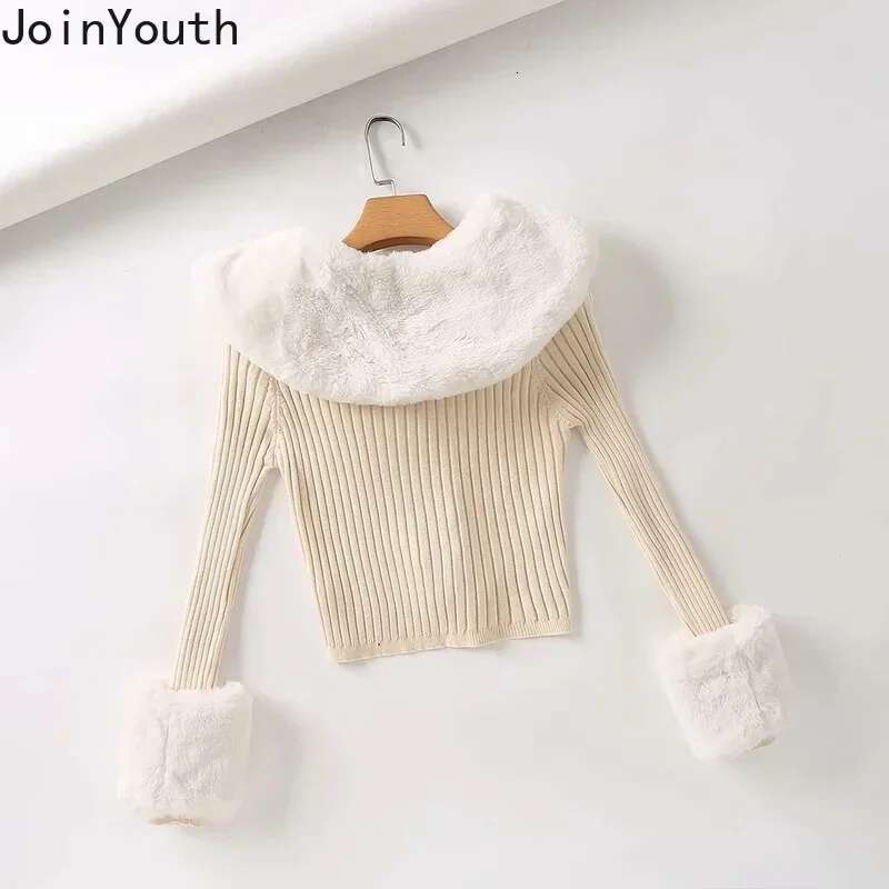Joinyouth Cropped Cardigan Coat Pull Femme Korean Clothing Vintage Knitted Sweater Women Chic Fur Collar Temperament Sueter Tops
