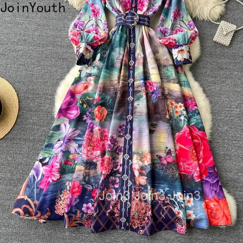 Vintage Dresses Women 2025 Vestidos De Mujer Stand Neck Lantern Sleeve Floral Tunic Robe Femme Single Breasted Summer Maxi Dress