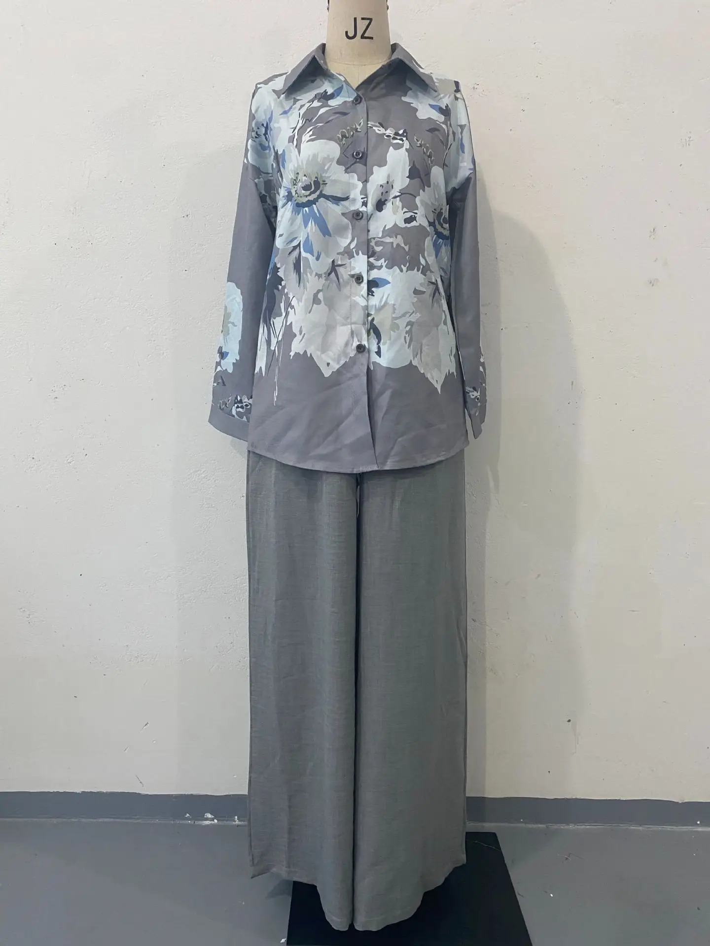 Two Piece Set Islam Muslim Women Tops Flower Print Shirt Wide Leg Pants Suits Ramadan Turkey Modest Ensembles Morocco Outfits 250617