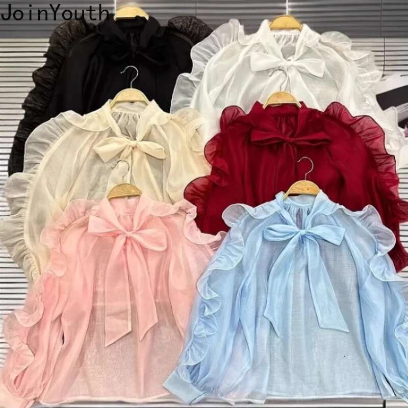 Chic Women Blouses Bandage Bow Chiffon Shirts 2025 Camisas De Mujer Ruffles Long Sleeve Sweet Tops See Through Summer Blouse