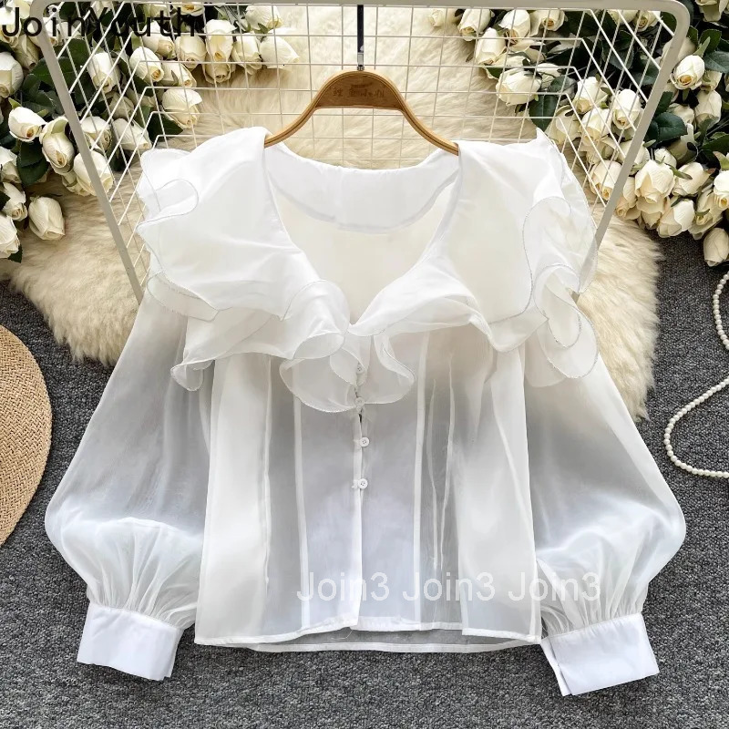 2025 Camisas De Mujer Women Shirts Loose Temperament Tops Ruffles Long Sleeve Blouses Lantern Sleeve Loose Vintage Summer Blouse
