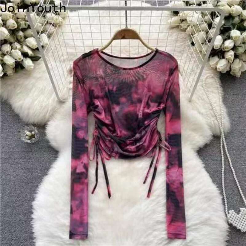 Shirts for Women Korean Vintage T Shirt Tie-dye Fashion Tees Long Sleeve Drawstring Summer T-shirt Crop Tops 2025 Ropa Mujer