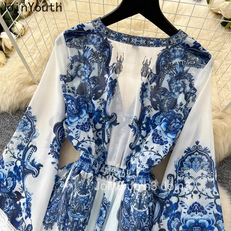 2025 Vestidos De Mujer Floral Dresses Women Clothing V-neck Flare Sleeve High Waist Robe Femme Vintage Summer Eleganr Maxi Dress