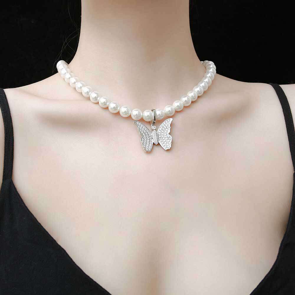 Hip Hop 8mm-10mm Unisex Pearl Simple Matching Cross Butterfly Letter Pendant Necklace 567a