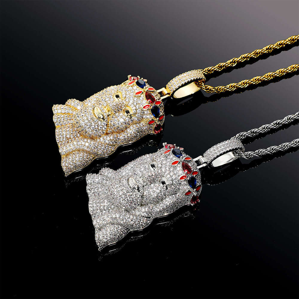 Copper Zircon Colorful Crown Hip-Hop Jesus Pendant Personality Necklace Men's Trendy Jewelry