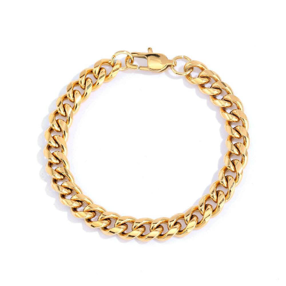 Stainless Round Polished Encrypted Cuban Chain Hip Hop Men's Titanium Steel Gold Bracelet 8f95