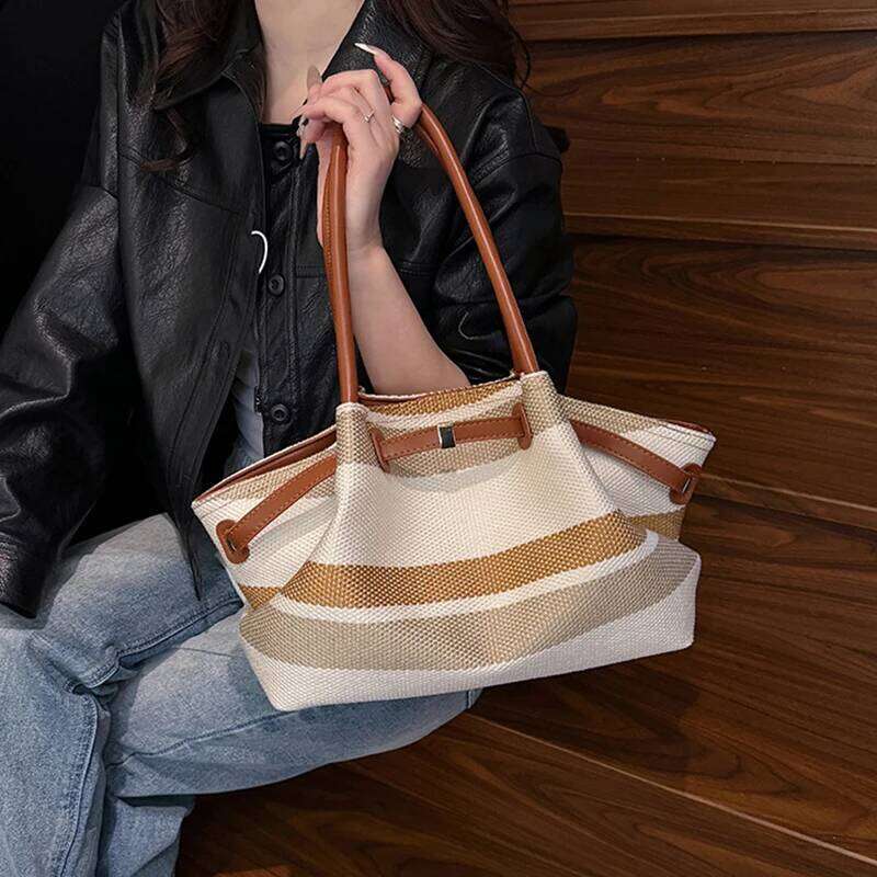 New Canvas Woven Dumpling Women Striped Contrast Tote High Quality Designer Commuter Versatile Gift Shoulder Bag