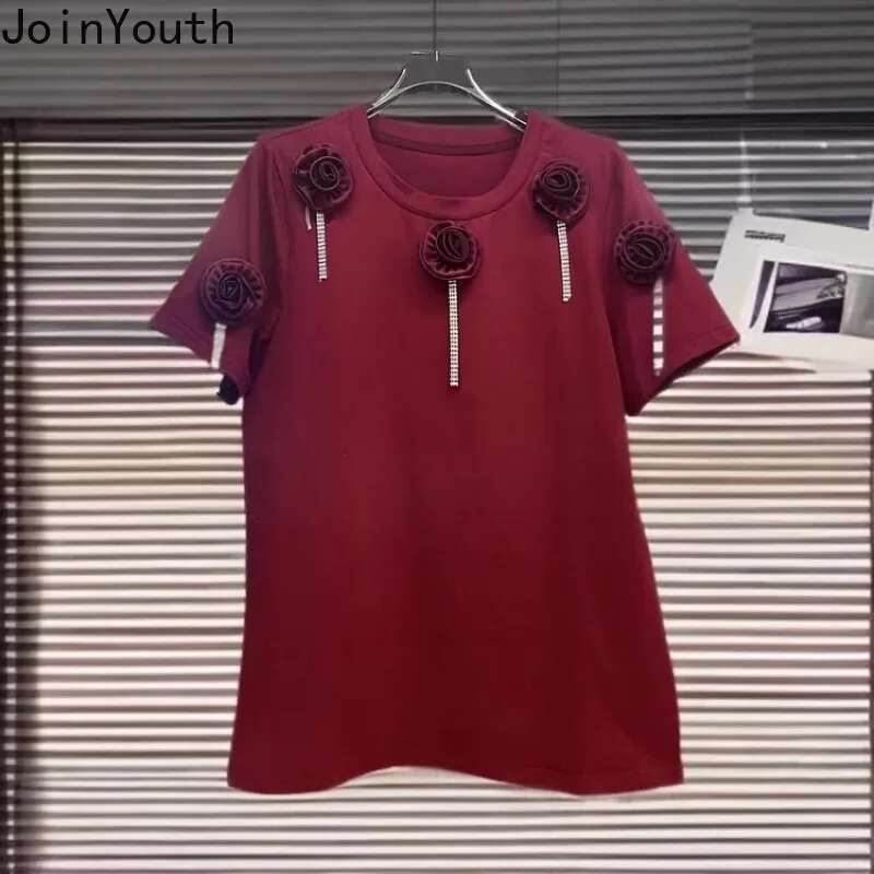 Women Clothing White T Shirt O-neck Short Sleeve O-neck Tees Chic Summer Camisetas 2025 Ropa Mujer 3D Floral Casual T-shirt Tops