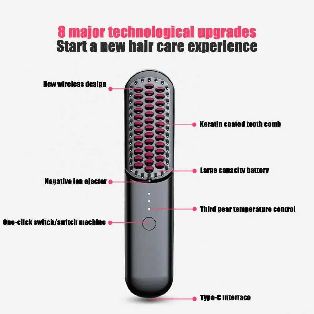 3 Temp Adjustable Hair Straightener Brush Fast Heating Rechargeable Cordless Electric Fluffy Curly Hair Styling Detangling CombXJ250621