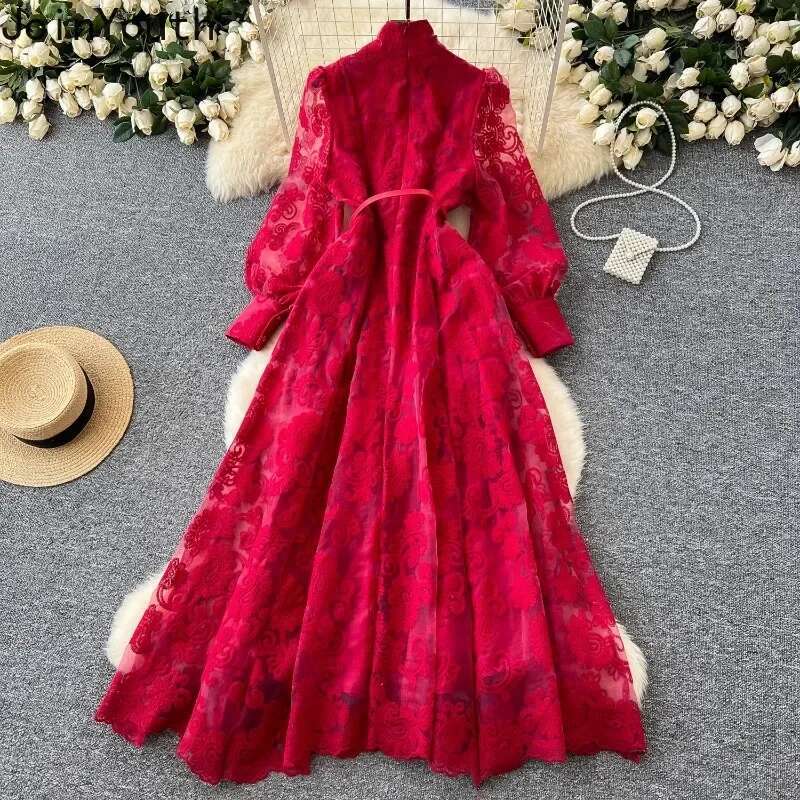 2025 Vestidos De Mujer Maxi Dresses Women Lantern Sleeve Stand Neck Temperament Robe Femme Lace Gauze Embroidery Elegant Dress