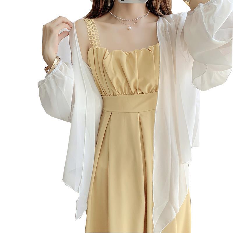 G2204 Minimalist Temperament Lace New Chiffon Sunscreen Shawl Solid Color Suspender Skirt Lady Two-piece Dress