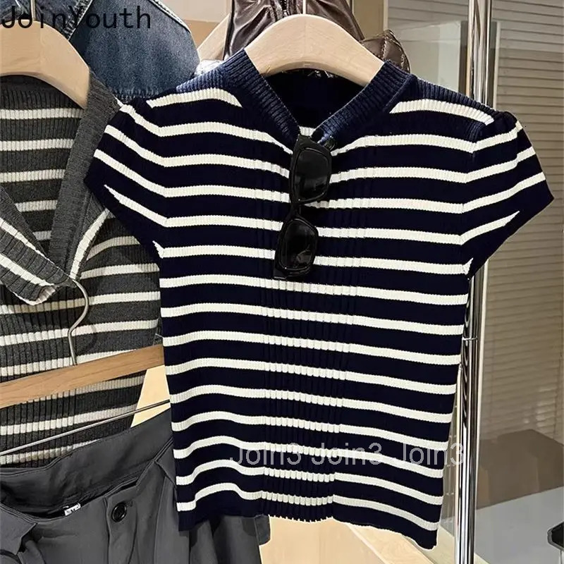 Striped Tshirts 2025 Womens Clothing O-neck Puff Sleeve Vintage Tees Fashion Summer Camisetas Slim Fit Knitting T-shirt Tops