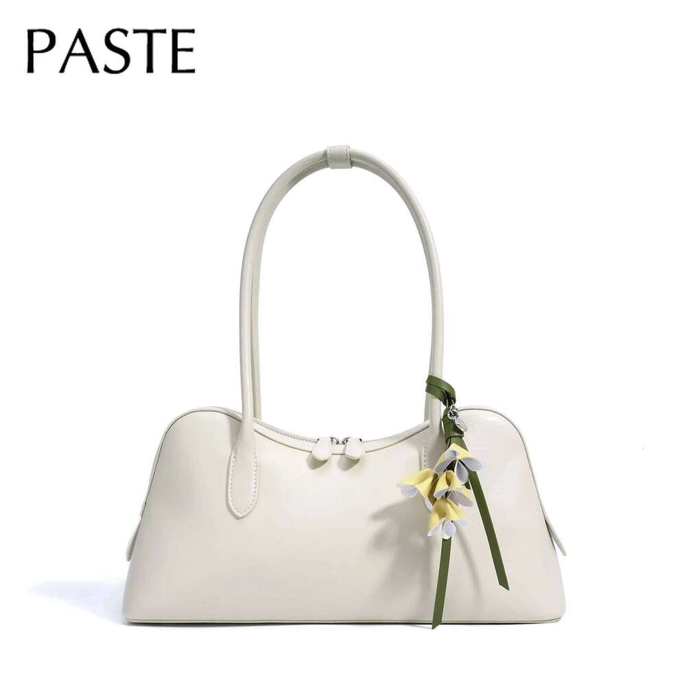 New Designer Beige Large Capacity Casual Tote With Hit Color Flower Pendant Split Cow Leather Women Commuter Handbag