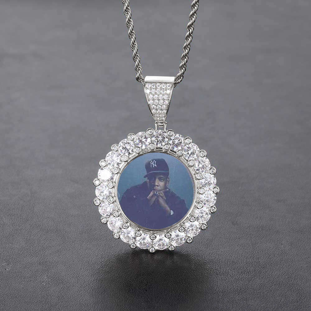 Large Dia Round Photo Micro Paved Zircon Creative DIY Pendant Frame Necklace Hip Hop Accessories feb7