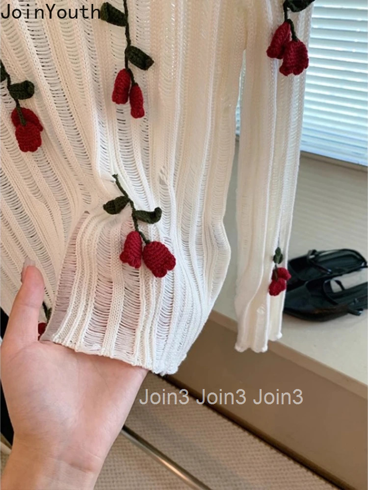 Korean Sueter Mujer Knit Thin Pullovers 2025 Women Clothing O-neck Long Sleeve Floral Pull Femme Embroidery Hollow Out Sweater
