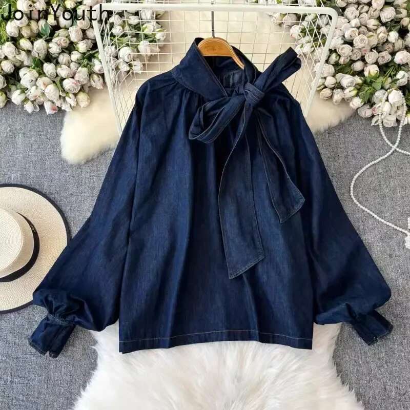 2025 Camisas De Mujer Denim Blouse Womens Clothing Temperament Lady Tops Bandage Bow Loose Fashion Casual Shirts Blouses 63b445