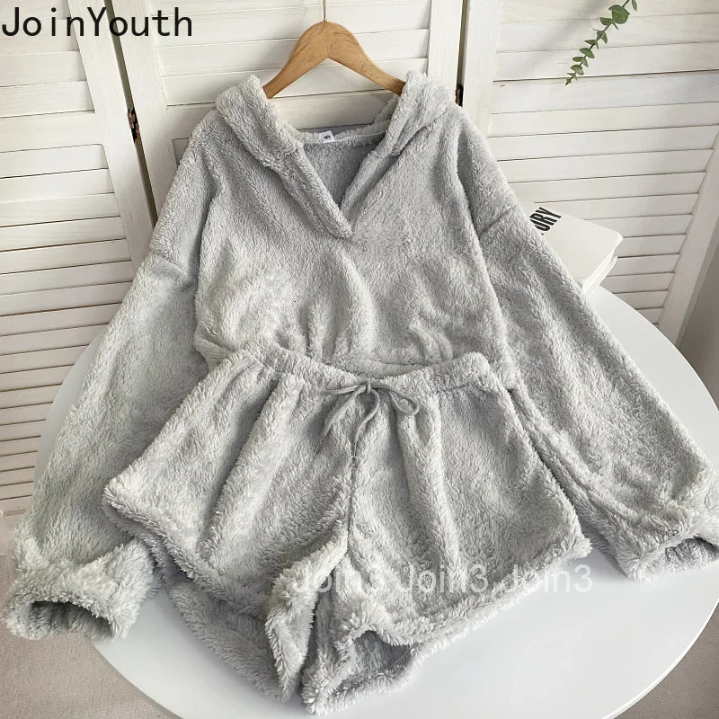Cute Two Piece Sets Womens Outfits Roupas Femme Hooded Sweatshirts Elastic Waist Shorts Suit Fashion Casual Furry Y2k Set 63a303