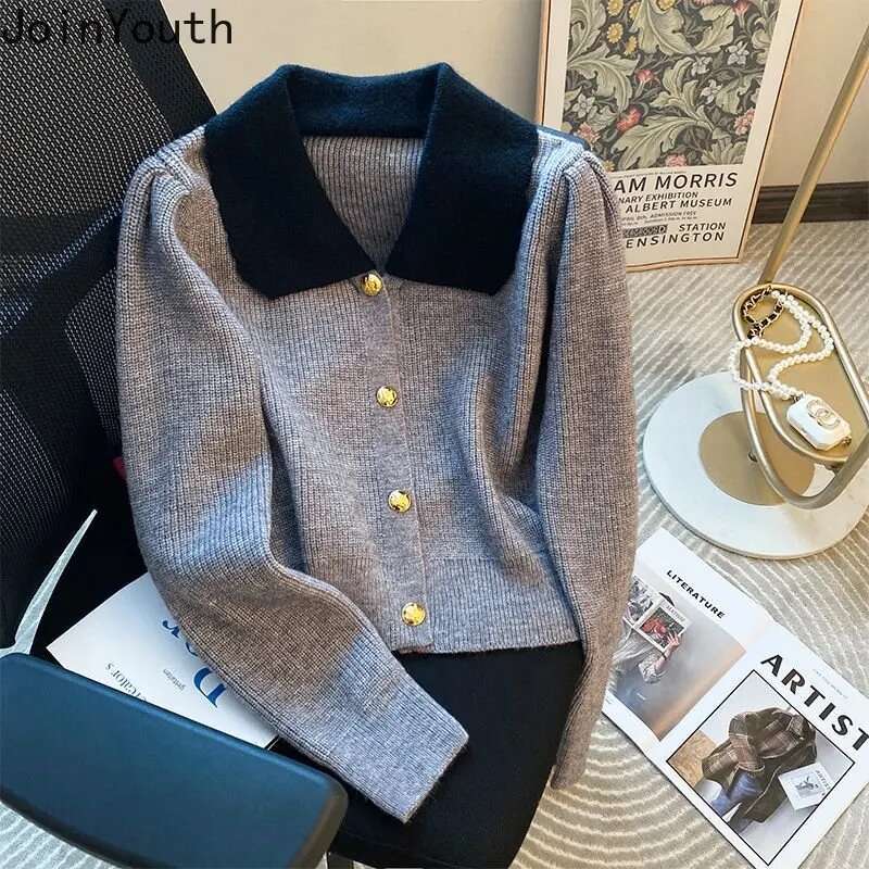 Women Clothing Cropped Cardigan Single Breasted Turndown Collar Pull Femme 2025 Ropa Mujer Vintage Fashion Knitted Sweater Tops