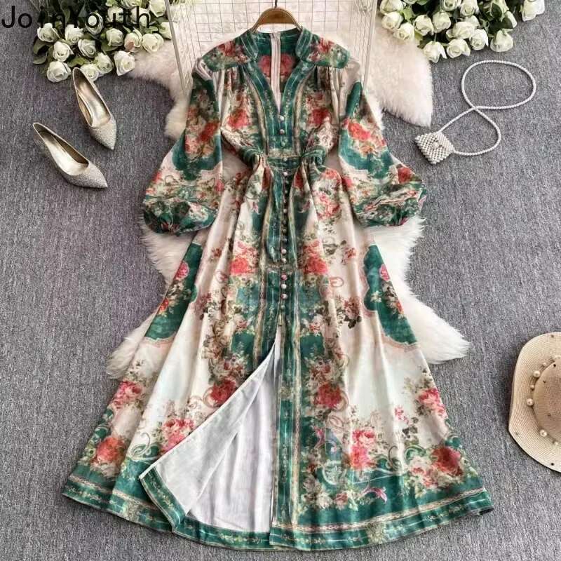 Deep V-neck Floral Dress Women Single Breasted Tunic Temperament Robe Femme 2025 Vestidos De Mujer Vintage Summer Maxi Dresses