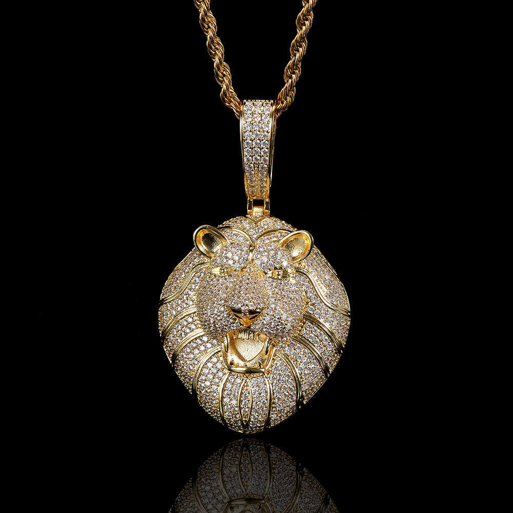 Micro Paved Zircon Solid Lion Head Pendant Real Gold Plated Trendy Hip Hop Men's Necklace Accessory 8aa1